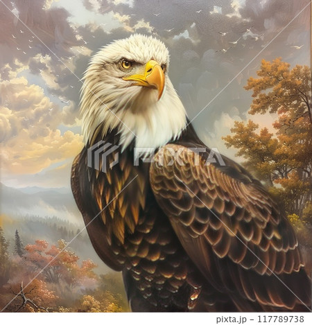 A bald eagle perched in a tree with a blue sky in the background 117789738
