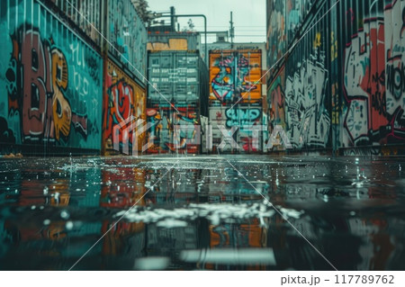 A narrow alleyway with graffiti and a water puddle 117789762