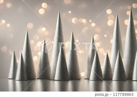 Christmas background featuring metallic, ribbed conical structures of varying heights arranged in a staggered layout against a warm, blurred bokeh backdrop, creating a festive and elegant atmosphere. Christmas background featuring metallic, ribbed conical structures of varying heights arranged in a staggered layout against a warm, blurred bokeh backdrop, creating a festive and elegant atmosphere. 117789863