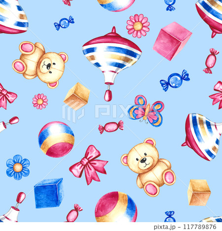 Seamless pattern with children's toys, cubes, balls and teddy bears, bows and butterflies. Handmade watercolor illustrations. On a blue background. For wrapping paper, textiles, children's clothing. 117789876