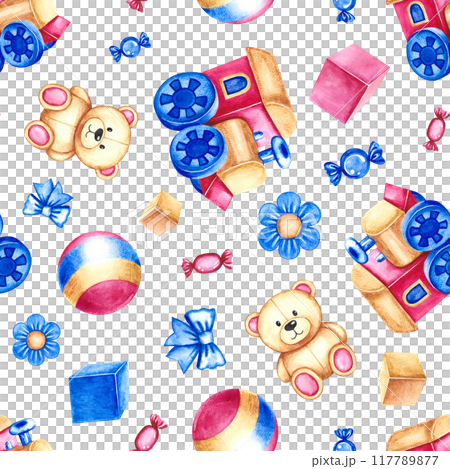 Seamless pattern with children's toys. children's trains, cubes and balls and teddy bears. Handmade watercolor illustrations. For wrapping paper, textiles, children's clothing, postcards, wallpaper. 117789877