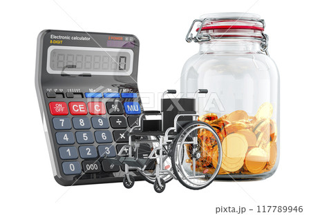 Calculator with manual wheelchair and glass jar full of golden coins, 3D rendering Calculator with manual wheelchair and glass jar full of golden coins, 3D rendering 117789946