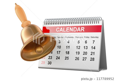 Desk Calendar with Hand Bell. Back to School, concept. 3D rendering Desk Calendar with Hand Bell. Back to School, concept. 3D rendering 117789952