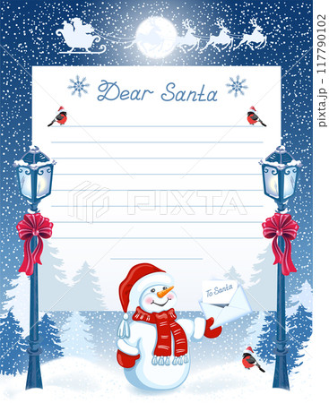 Christmas layout letter to Santa Claus with wish list and cartoon funny Snowman with envelope against winter forest background and street lamps 117790102