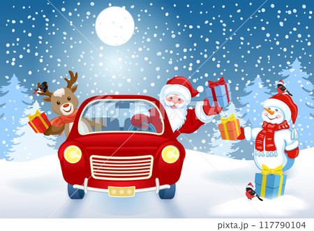 Christmas card with Santa Claus, fawn deer and Snowman in red vintage car with gift box against winter forest background. New Year design postcard in retro style. Christmas card with Santa Claus, fawn deer and Snowman in red vintage car with gift box against winter forest background. New Year design postcard in retro style. 117790104