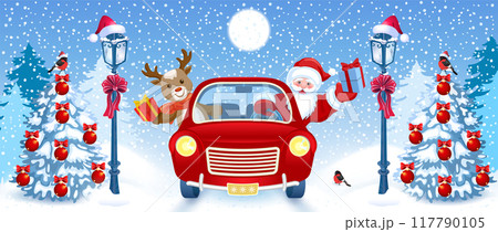 Christmas card with Santa Claus and deer in red vintage car with gift box against winter forest background. New Year design postcard in retro style. Christmas card with Santa Claus and deer in red vintage car with gift box against winter forest background. New Year design postcard in retro style. 117790105