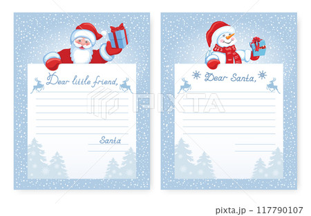 Set Christmas letters for Santa Claus and letter from Santa. Layout wish list to Santa Claus with funny Snowman with gift box. 117790107