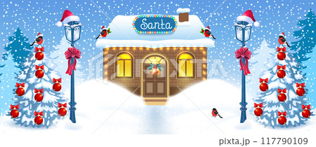 Christmas card with streetlamp in Santa hat  and Santa's workshop against winter forest background. New Year design card in retro style. 117790109