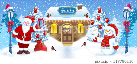 Christmas card with Santa Claus, Snowman with wish list, Santa's workshop and streetlamp against winter forest background. New Year postcard. 117790110