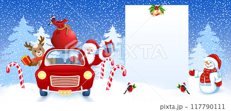Santa Claus and Cartoon deer wit gift box in red car with big Christmas bag rides near billboard for layout congratulation or letter with list wish to Santa Claus or announcement presentation Santa Claus and Cartoon deer wit gift box in red car with big Christmas bag rides near billboard for layout congratulation or letter with list wish to Santa Claus or announcement presentation 117790111