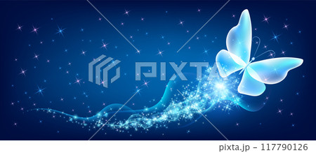 Fantasy delightful butterfly with sparkle and blazing fairy trail flying in night sky among shiny glowing stars in cosmic space. Fantasy delightful butterfly with sparkle and blazing fairy trail flying in night sky among shiny glowing stars in cosmic space. 117790126