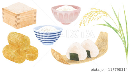 秋の収穫をイメージした お米のイラストセット 水彩タッチ 秋の収穫をイメージした お米のイラストセット 水彩タッチ 117790314