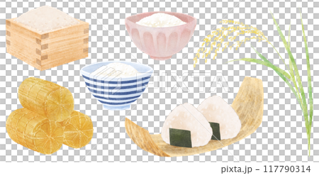 秋の収穫をイメージした お米のイラストセット 水彩タッチ 秋の収穫をイメージした お米のイラストセット 水彩タッチ 117790314