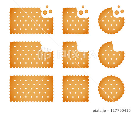 Set of whole and bitten crackers. Sweet or salty biscuit cookies in round, square and rectangle shapes. Popular crunchy snacks isolated on white background. Vector cartoon illustration 117790416