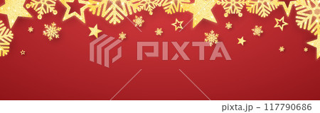 Christmas red background. Glowing gold elements. Bright snowflakes and stars. Holiday poster template. Realistic Xmas decoration. Decorative shining frame. Vector illustration 117790686