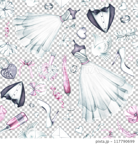 Wedding seamless pattern with the bride and groom's outfits, wedding rings, champagne and other wedding attributes. A hand-drawn watercolor illustration. For flyers, banners, packaging and labels. 117790699