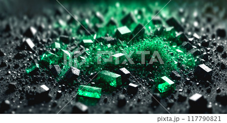 Gemstones and crystals. Emerald or tourmaline green crystals grow from black quartz fine sand. Mineral crystals in nature. illustration, background, Web banner	 117790821