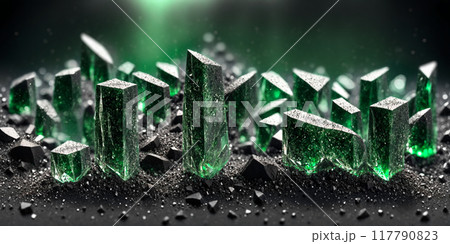 Gemstones and crystals. Emerald or tourmaline green crystals grow from black quartz fine sand. Mineral crystals in nature. illustration, background, Web banner	 117790823