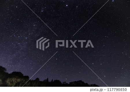 冬の星景　カシオペア座と天の川　流れ星 117790850