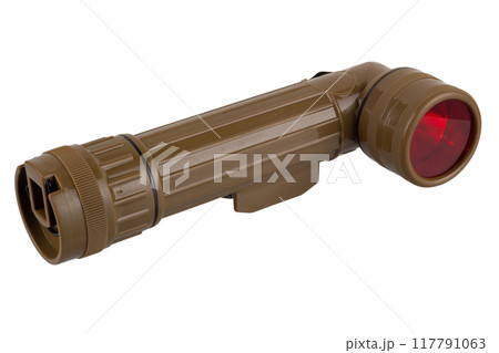 vintage military style flashlight with red light isolated on white vintage military style flashlight with red light isolated on white 117791063