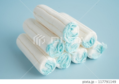 Menstruation cycle with sanitary cotton tampon for woman hygiene and protection. 117791149