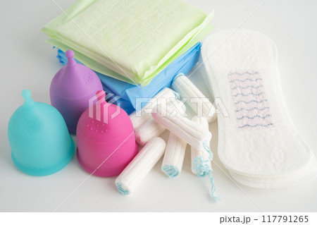 Menstruation cycle with sanitary pad, cotton tampon and menstrual cup for woman hygiene and protection. 117791265