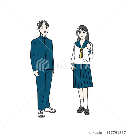 制服を着た笑顔の学生の全身イラストセット 117791287