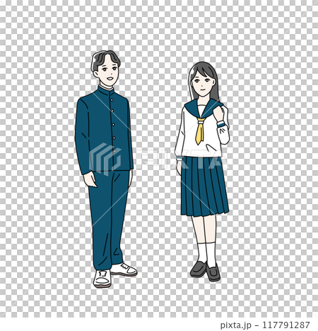 制服を着た笑顔の学生の全身イラストセット 117791287