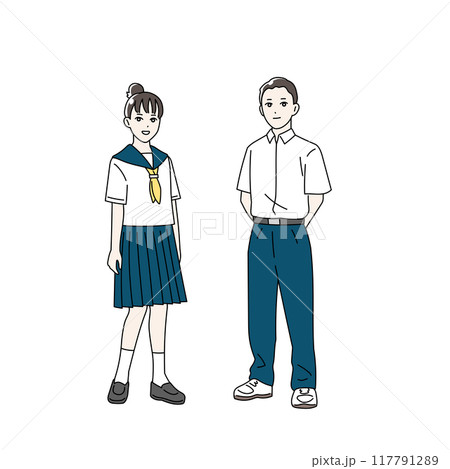 制服を着た笑顔の学生の全身イラストセット 117791289