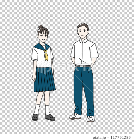 制服を着た笑顔の学生の全身イラストセット 117791289