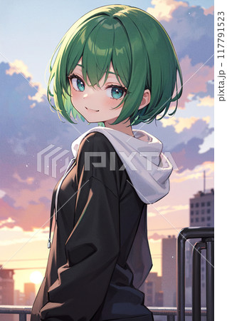 女の子と夕日 117791523
