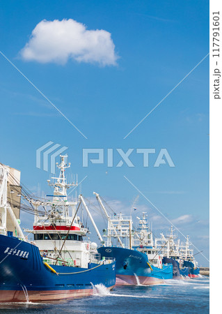 「青森県」第一魚市場漁港に停泊して水揚げで並ぶ漁船 八戸市 「青森県」第一魚市場漁港に停泊して水揚げで並ぶ漁船 八戸市 117791601