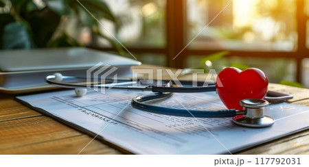 Heart and stethoscope on table with medical document Heart and stethoscope on table with medical document 117792031