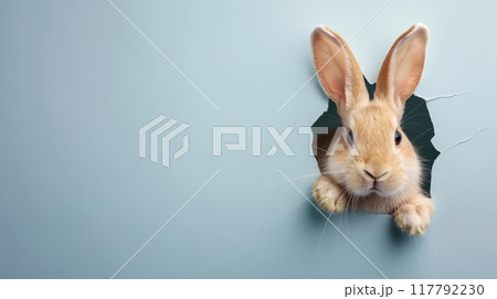 Rabbit peeking out of hole in blue paper. Easter concept 117792230