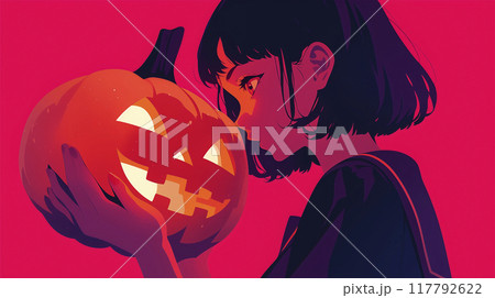 ハロウィン　ジャックオーランタンにキスする少女 117792622