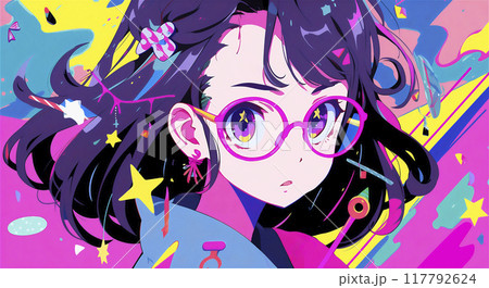 カラフルポップ メガネの少女のイラスト素材 [117792624] - PIXTA