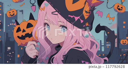 ハロウィンパーティー　魔女の姿の女性 117792628