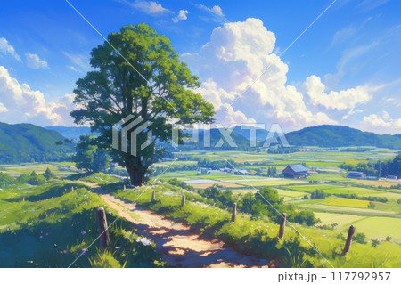 日本の田舎の風景のイラスト（田んぼ・里山・青空・雲・アニメ・家・自然）	 117792957