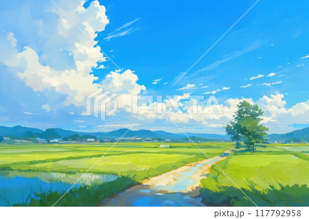 日本の田舎の風景のイラスト（田んぼ・里山・青空・雲・アニメ・家・自然）	 117792958