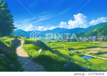 日本の田舎の風景のイラスト（田んぼ・里山・青空・雲・アニメ・家・自然）	 117792959
