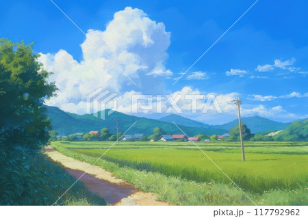 日本の田舎の風景のイラスト（田んぼ・里山・青空・雲・アニメ・家