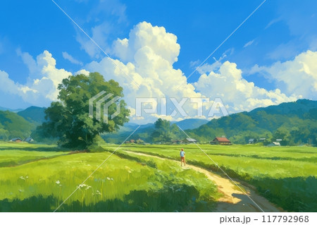 日本の田舎の風景のイラスト（田んぼ・里山・青空・雲・アニメ・家・自然）	 117792968