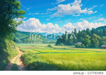 日本の田舎の風景のイラスト（田んぼ・里山・青空・雲・アニメ・家・自然）	 117792969
