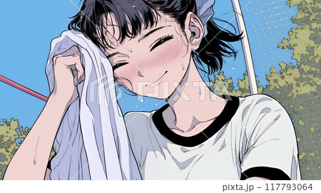 汗を拭っている若い女性
