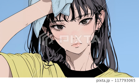汗を拭っている若い女性