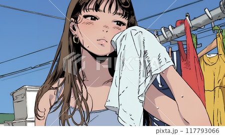汗を拭っている若い女性
