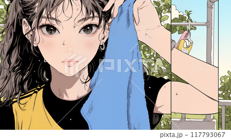 汗を拭っている若い女性