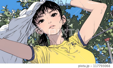 汗を拭っている若い女性