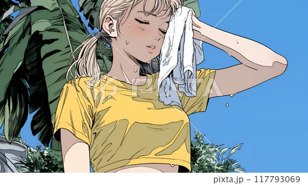 汗を拭っている若い女性