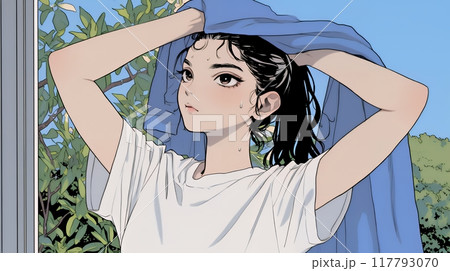 汗を拭っている若い女性